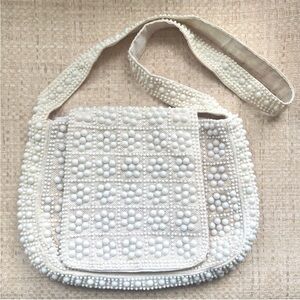 👛 Vintage Cream Floral Beaded 50s 60s Shoulder Bag w/ pocket